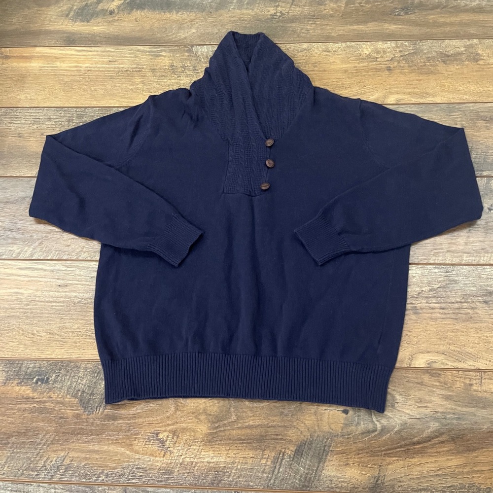 Jeanne Pierre Mens Navy Blue Cotton Shawl Collar Cable Knit Button Sweater L